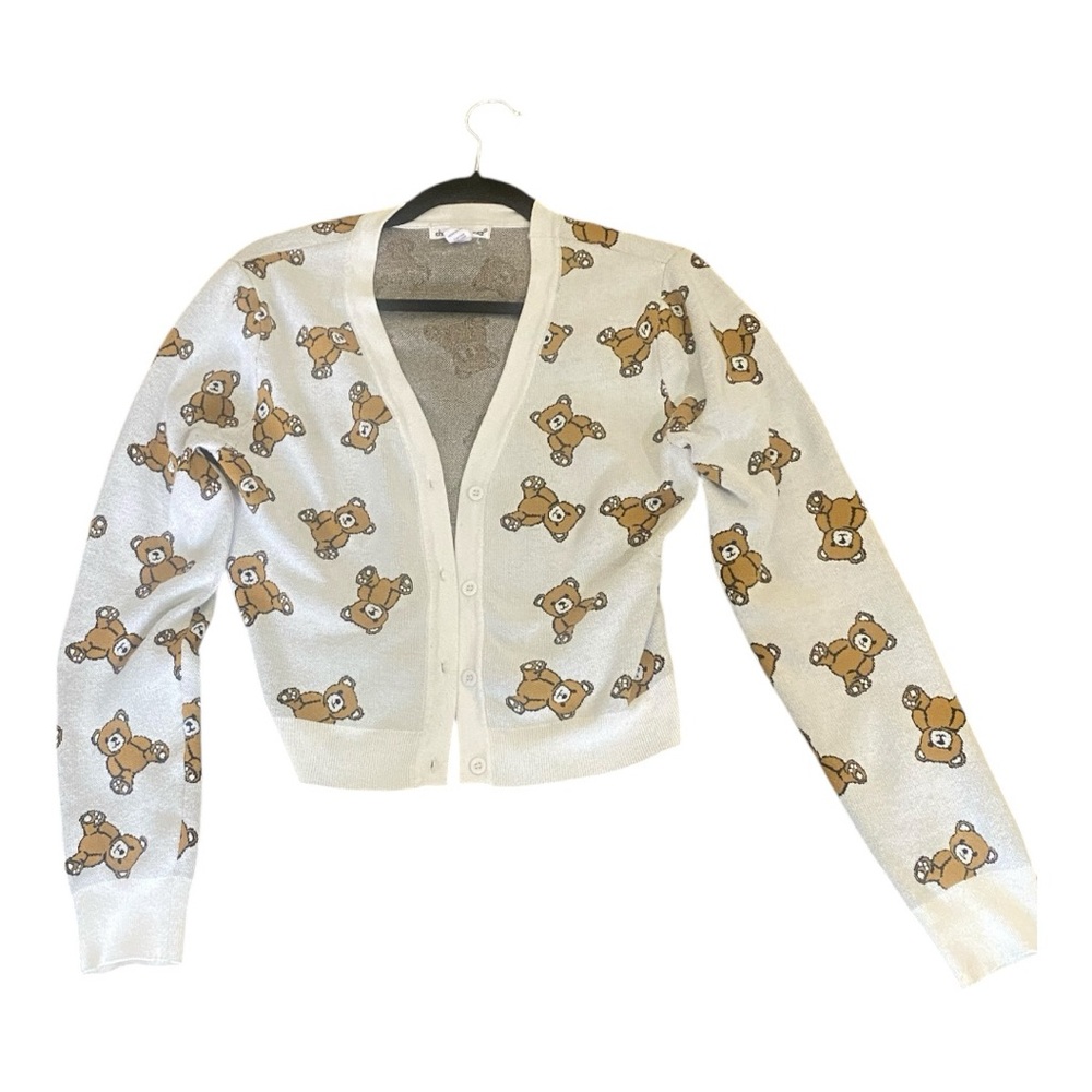 Charlotte Russe Cream Cardigan with Brown Teddy Print